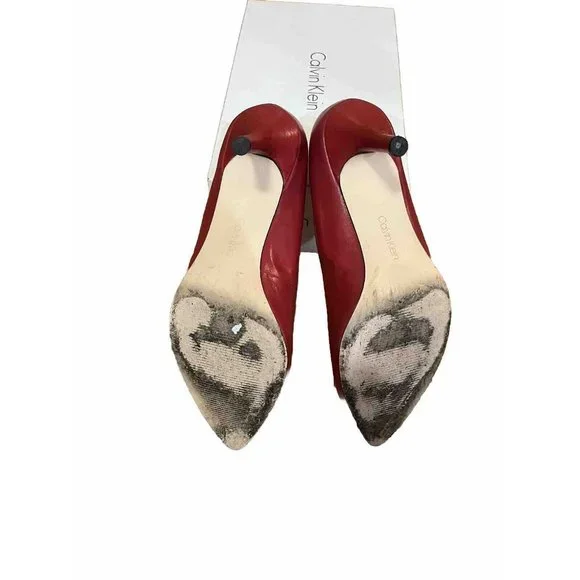 Calvin Klein Red Shoes Size 9.5 Pointed Toe Leather  Pumps With Small Heel - Picture 3 of 7